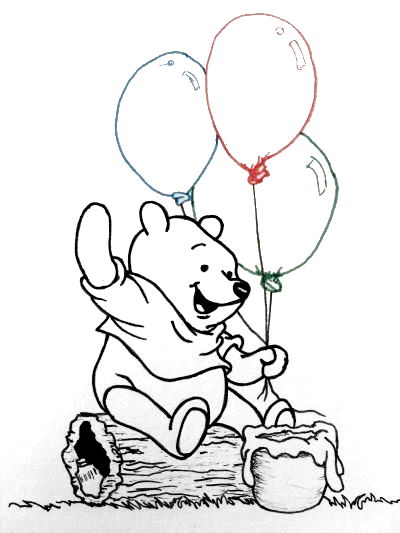 רישום דף צביעה פו הדוב בעזרת עט טכני