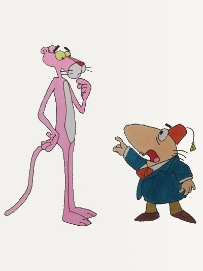 ציור קומיקס של הפנתר הוורוד ושל המפקח קלוזו