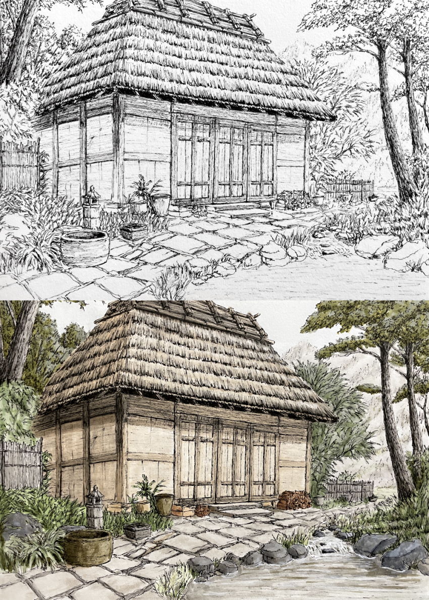 רישום בעט טכני של בית וצביעה עם מרקרים