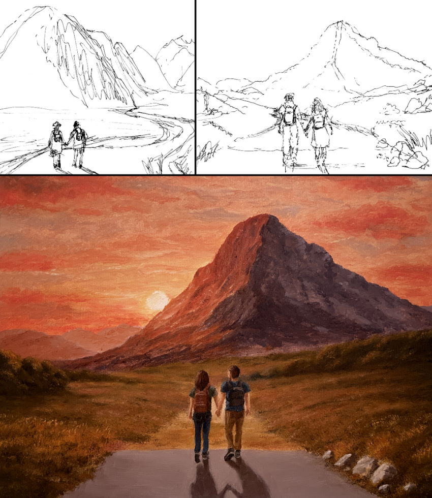 ציור שמן של הר בשקיעה ושתי דמויות הולכות בשביל לכיוון ההר